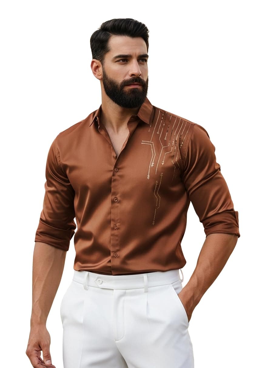 IndoPrimo Men’s Stylish Satin Shirt for Party, Formal and Casual Wear Full Sleeve Shirt for Men (in, Alpha, S, Regular, Brown)