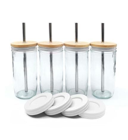 Elk and Friends Glass Mason Jars 24oz with Bamboo Straw Lids + Stainless Steel Straws | Smoothie + Iced Coffee + Bubble Tea Cups | Glass Cups with Lids and Straws