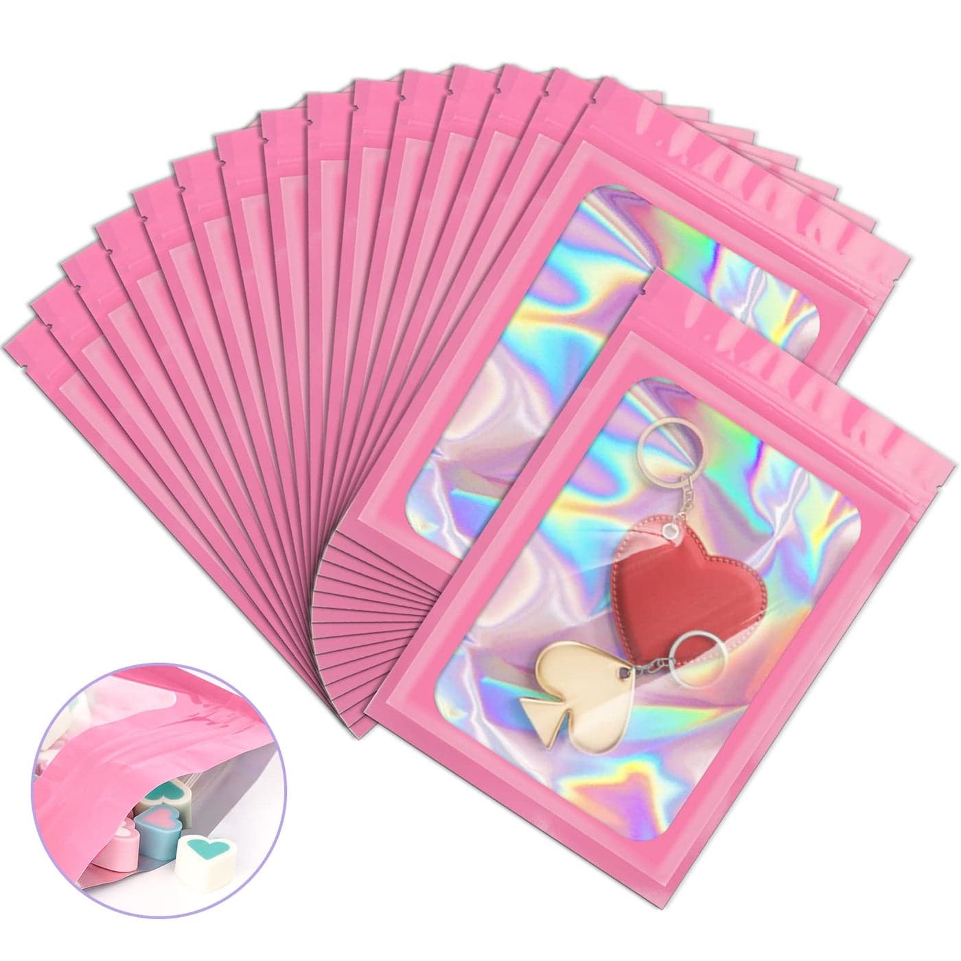 100 Pieces Smell Proof Mylar Bags Holographic Packaging Bags Resealable Odor Foil Pouch Zipper Bag with Clear Window for Food Storage and Lipgloss Jewelry Lash Pink 3 x 47 Inch