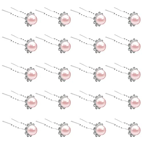 QIUTIMIY 20 Pack (Pink) Pearl Crystal Hair Pins Flower Rhinestone Hair Clips for Bridal Wedding Women Hair Jewelry Accessories, with Clear Container
