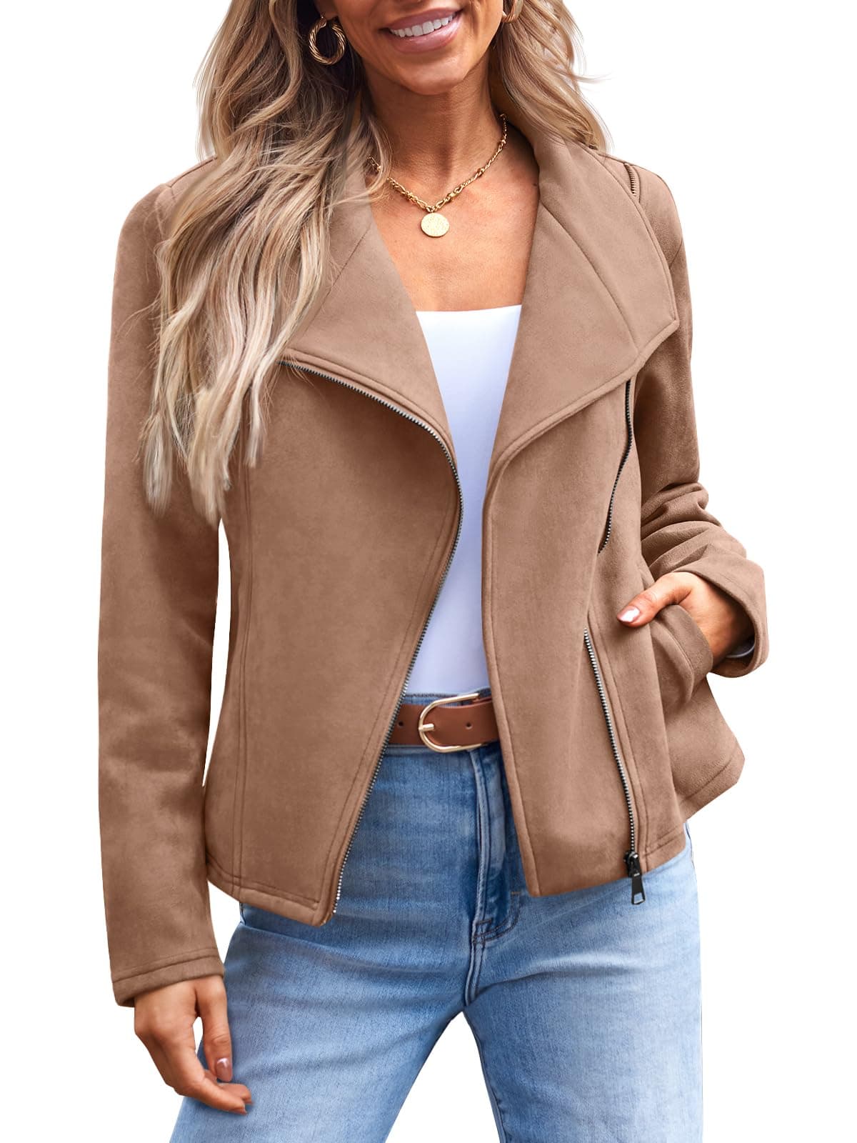 AUTOMET Womens Faux Leather Jackets Suede Fall Fashion 2025 Outfits Winter Clothes Open Front Cropped Coat Outwear Camel M