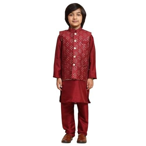Pro-Ethic Style Developer Kurta Pajama for Kids Boys with Waistcoat | Silk | Floral | Traditional Dress (S-240) 15-16 years, Maroon