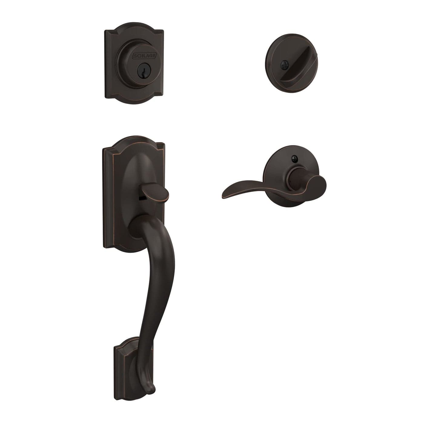 Schlage F60 V CAM 716 ACC Camelot Front Entry Handleset with Accent Lever Deadbolt Keyed 1 Side Aged Bronze