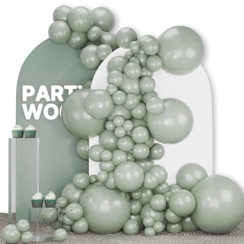 PartyWoo Dusty Green Balloons 140pcs Different Sizes Pack of 18 12 10 5 Inch Sage Olive Eucalyptus Green Boho Neutral Balloon Arch Kit for Jungle Woodland Theme Birthday Party Decorations GreenF59