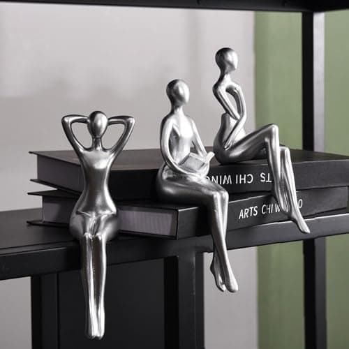 Quoowiit Thinker Statue Office Desk Decor, Silver Art Sculpture Ornament Coffee Table Bookshelf Decor Modern Home Unique Home Decorations for Living Room 3 Piece