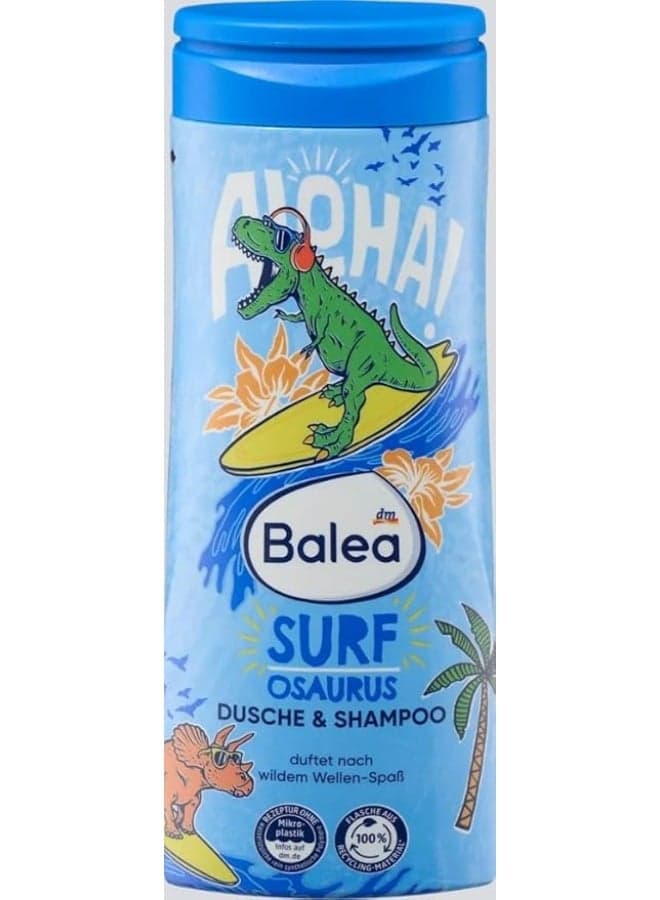Balea Kids Shower Gel & Shampoo 2in1 Surfosaurus | Fun Wild Wave Scent | Mild Cleansing for Skin & Hair, 300ml