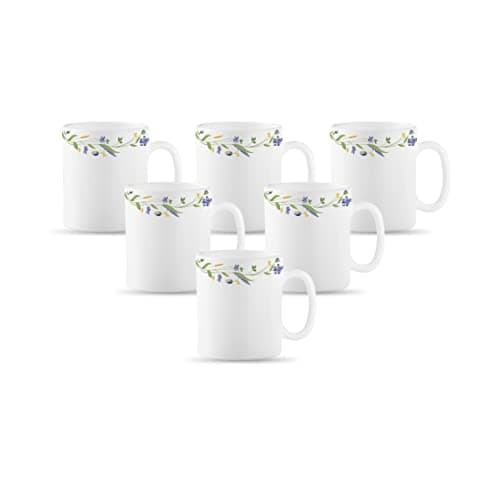 La Opala Diva, Opal Glass Coffee Mug Set Cylinder Medium 6 pcs, Morning Glory, White