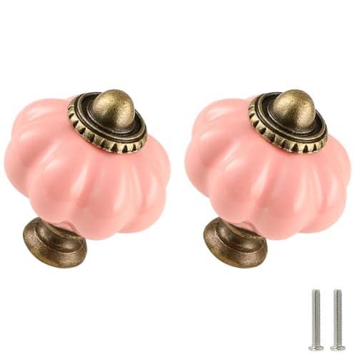 Zernmiarder Pink Pumpkin Knobs 2 Pack Ceramic Cabinet Knobs Vintage Drawer Pulls - Antique Dresser Pulls with Screws for Closet Drawer Cupboard Cabinet and DIY Home Project