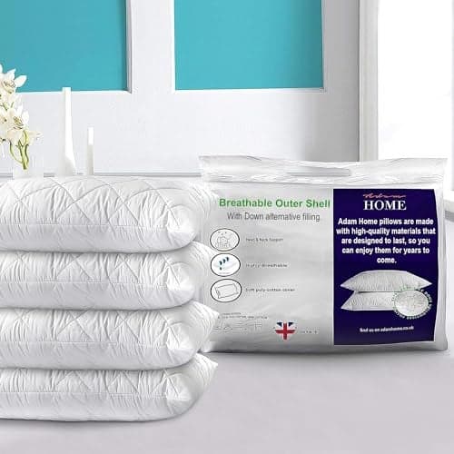 Adam Home Premium Pillows 4 Pack Hotel Quality Firm Support with Quilted Cover Hypoallergenic and Anti Dust Mite Soft HollowFiber Down Alternative Bed Pillow for Stomach Back and Side Sleeper