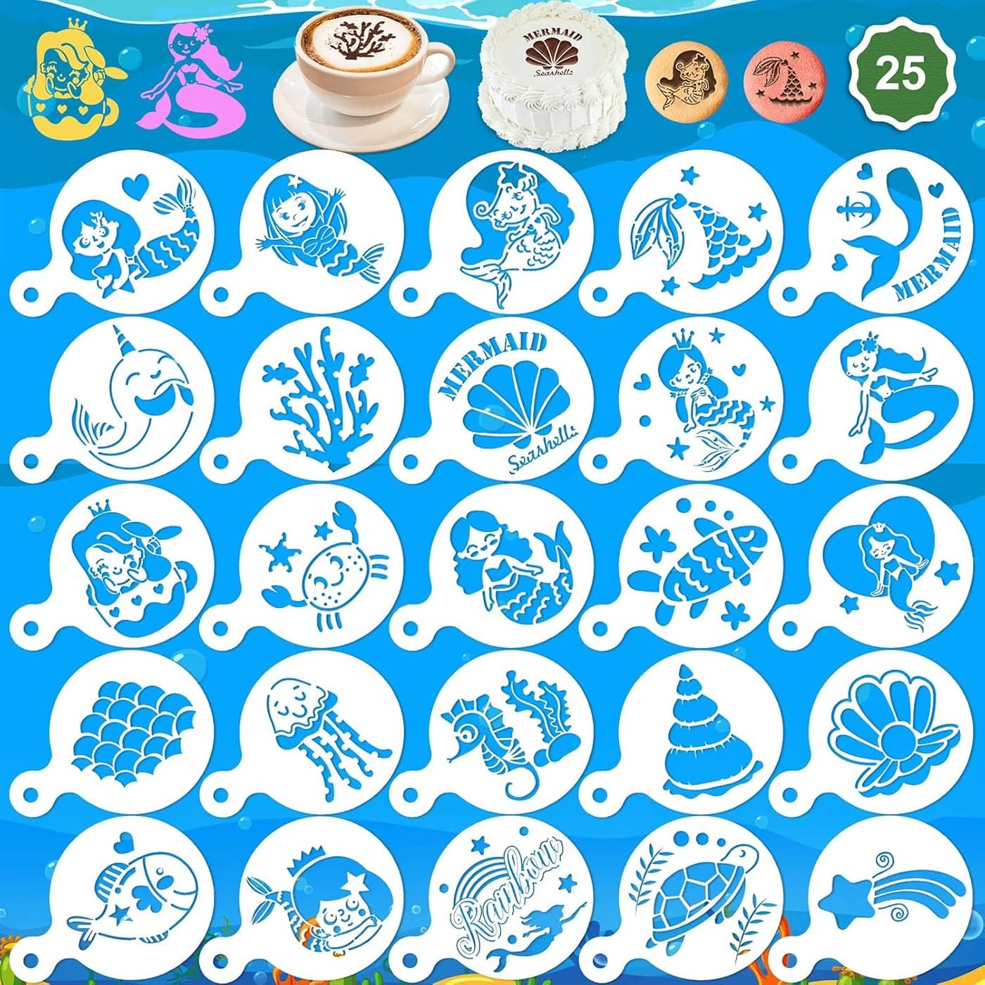 Cookie Stencil Template, Konsait 25Pack Mermaid Reusable Cake Decorating Stencils for Children Girls Birthday Party Favors,Royal Icing Cake Coffee Mousse Pastry Dessert Decorating Kit for Party Decor