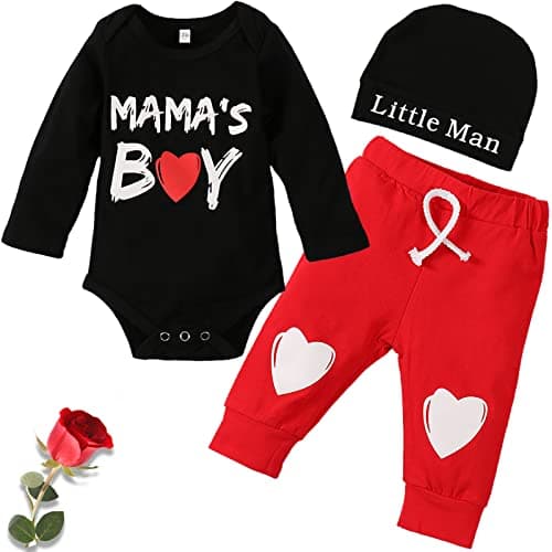 VAIZIQ My First Valentine's Day Outfit for Baby Boy - 3Pcs Set (Bodysuit, Pants & Hat) Baby Boy Valentine's Day Outfit Newborn to 12 Months Cute Heart Print