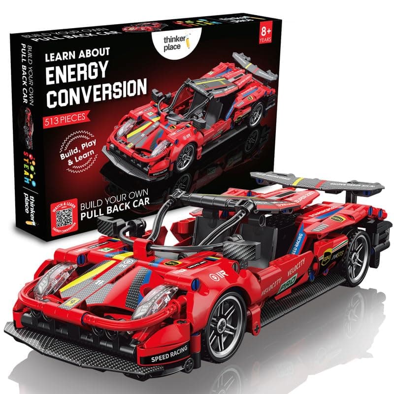ThinkerPlace 1:18 DIY Blocks Pull-Back Car – Red | Big Pull Back Cars | STEM Learning: Learn About Energy Conversion | Educational Toy for Kids 8+