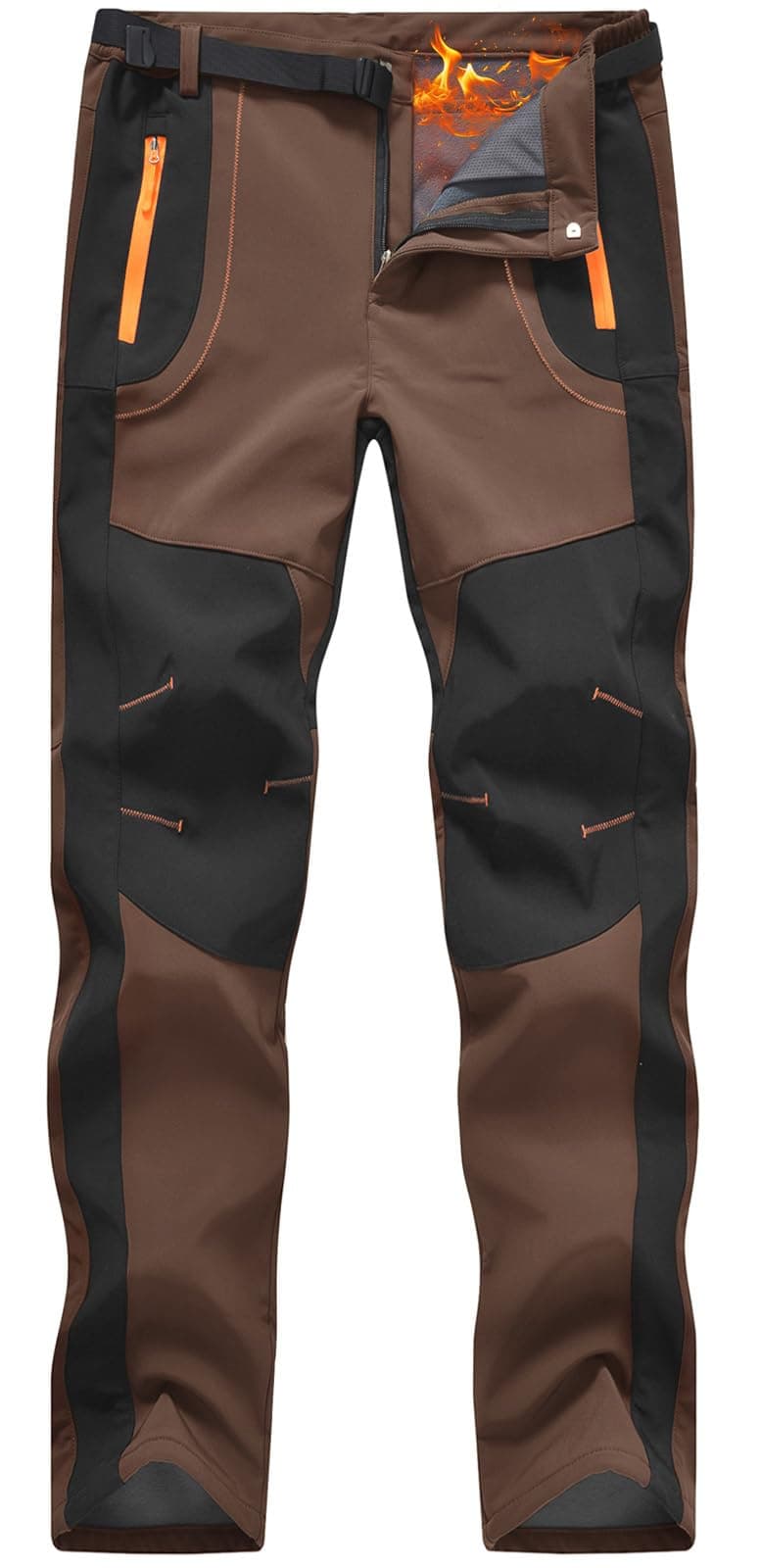 Rdruko Men's Snow Ski Pants Waterproof Insulated Winter Hiking Snowboard Fleece Thermal Snowpants with Belt(Brown,US L)