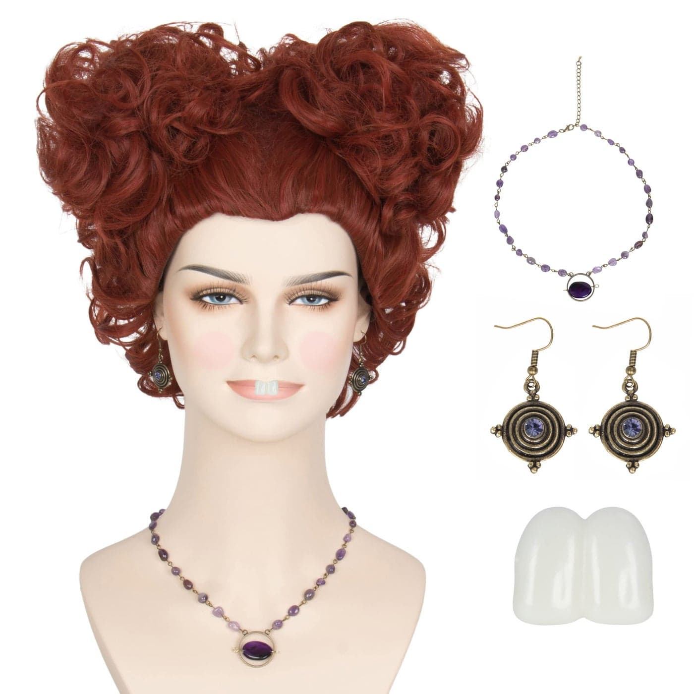 Miss U Hair Women Short Curly Reddish Brown Wig and Teeth Necklace Earrings Costume Halloween Wig