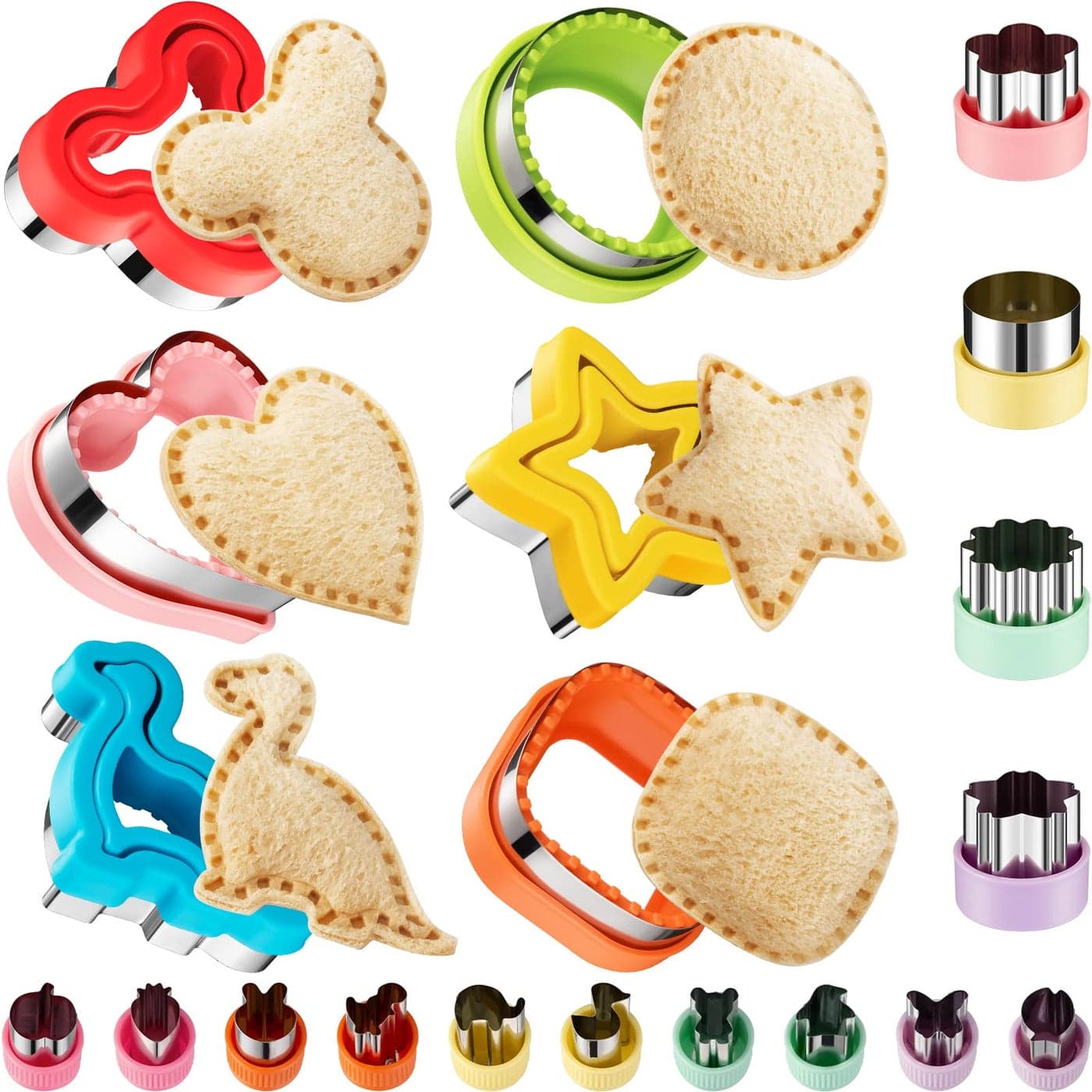 20Pcs Sandwich Cutter and Sealer Set for Kids Decruster Maker Holiday Heart Cookie Cutters Fruit Vegetable Shapes Boys Girls Bento Lunch Box with Mickey Mouse Dinosaur Star etc