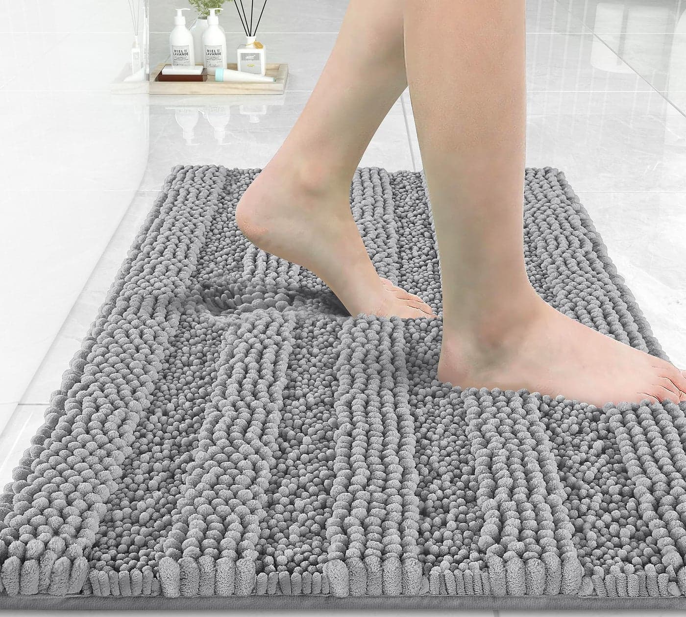 Yimobra Bathroom Rug Mat 32 x 20 Non Slip and Super Absorbent Bath MatMachine Washable Quick DryUltra Plush Chenille Shower Rugs for Bathroom Floor Sink Tub and Shower OutsideLight Grey