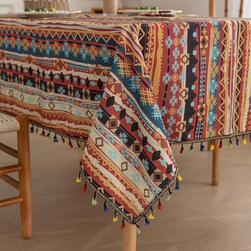 Erbnaryx Handblock Print Tablecloth for Square Tables, Red Table Cover with Fringed Edges, Decorative Tablecloth for Kitchen and Dining Room,59"x 102"