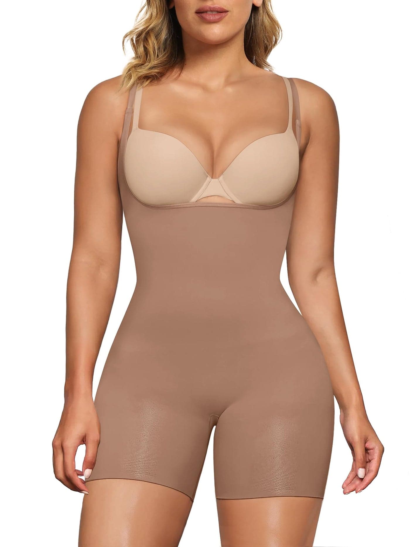 SHAPERX Open Bust Shapewear Tummy Control Bodysuits for Women Seamless Compression High Waisted Body Shaper, SZ5258-Sienna-S/M