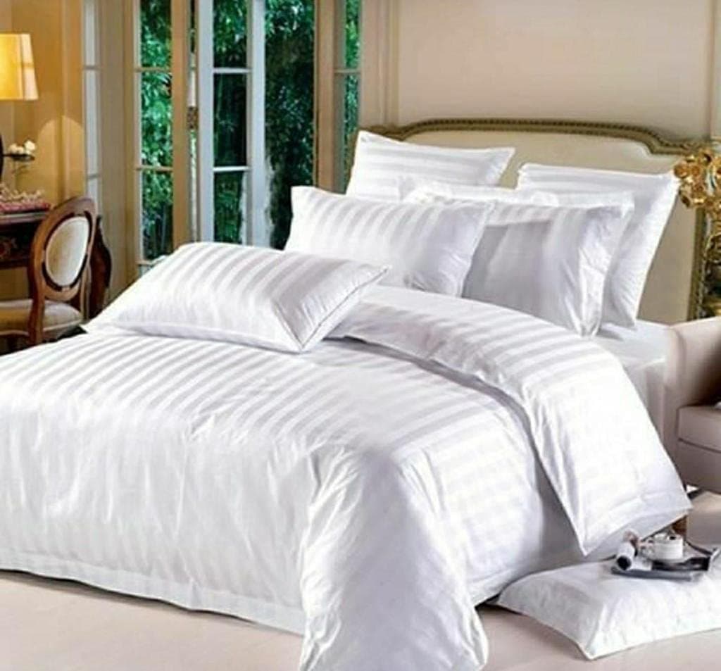 TRIPURARI 210TC Glace Cotton Plain Stripe Queen Size Double Bedsheet with 2 Pillow Cover for Home, Hotel, Guest Room (90 X 100) Inch, White Color