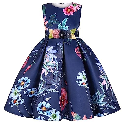 BESZANA Girls Dress Bow Design Girls Party Birthday Dress Suitable for Children Aged 2-10 Navy