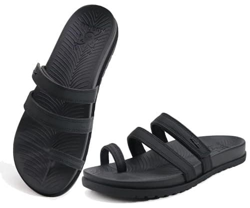 KuaiLu Womens Slides Sandals With Arch Support Comfort Plantar Fasciitis Yoga Mat Cushion Sandals Fashion Summer Beach Walking Adjustable Ladies Flat Orthotic Slip On Sandles Black Size 8.5