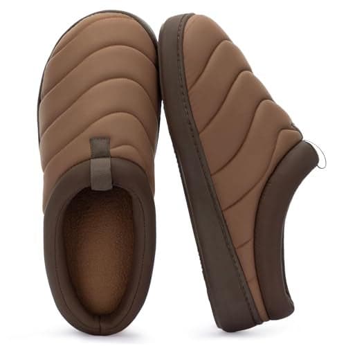 Zizor Men's Cozy Warm House Shoes Slippers Slip-On - Nylon Ski Fabric Water Resistant Indoor Outdoor Slippers with Fleece Lining, Hard Sole & Memory Foam Cushioning(Coffee,Size 8)