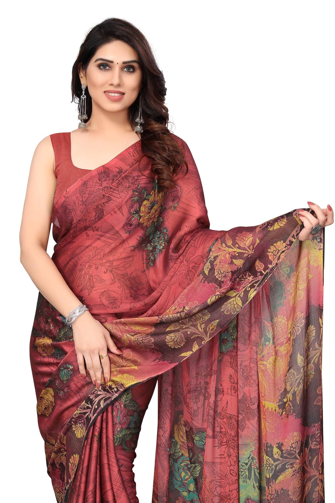 MIRCHI FASHION Women's Plain Weave Chiffon Floral Printed Saree with Blouse Piece (37763-Crimson, Mustard)