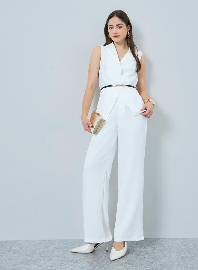 White Belted Waistcoat Vest Top and Wide-leg Pants Co-Ords