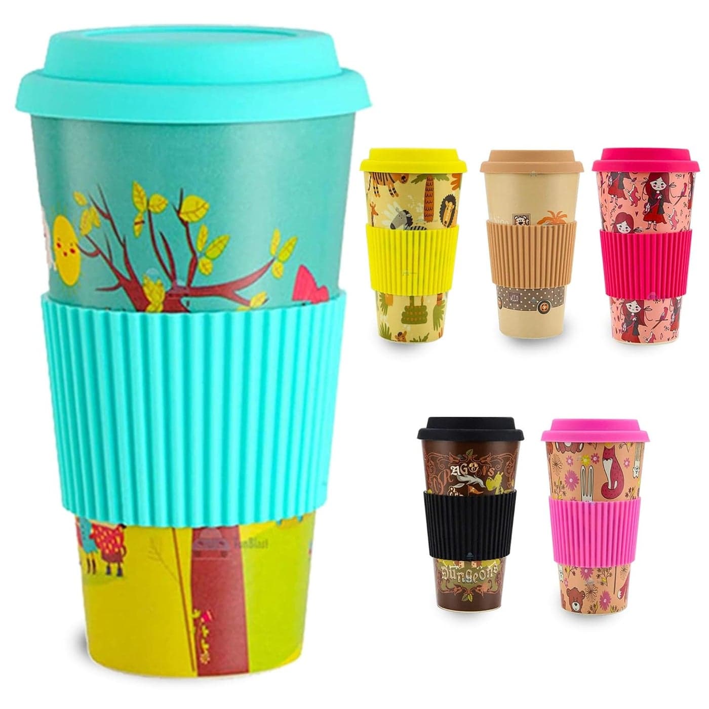 FunBlast Coffee Mug 400 ML Bamboo Fiber Coffee Mug with Silicone Lid Sleeve Coffee Mug for OfficeHomeCar Pack of 1 Pcs Random Color and Print
