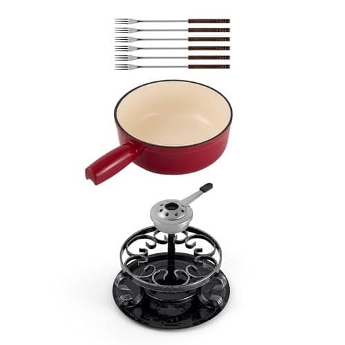 Swissmar Lugano Cast Iron Cheese Fondue Set, 9-Piece, 2 QT / 2 L - Ideal for Melting Cheese, Chocolates, Caramel, & More - Perfect for Kitchen Collection & Gift Giving - Cherry Red