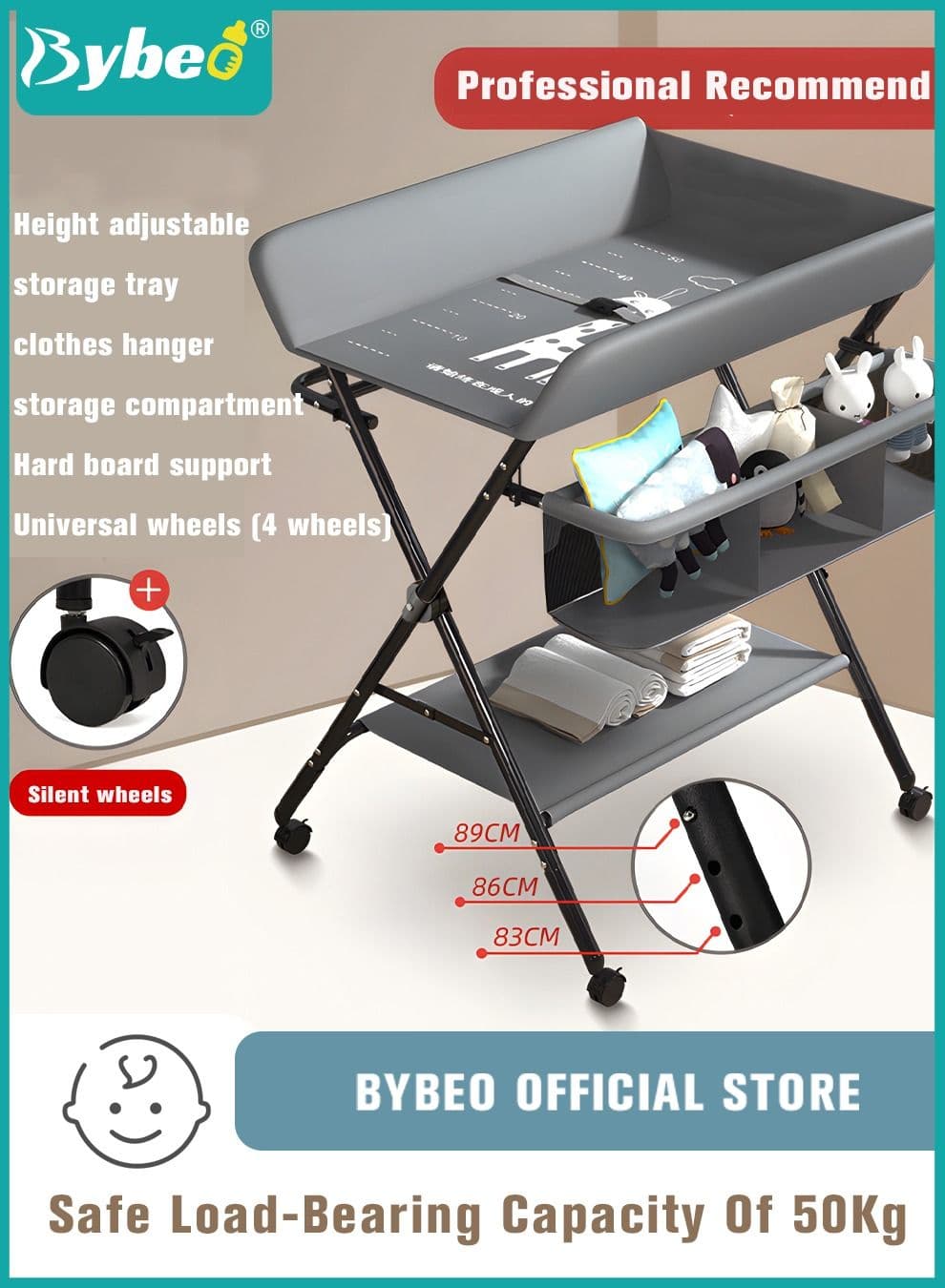4 in 1 Baby Changing Table Infant Foldable Nursery Change Tables with Unit Storage Bags and Wheels,Adjusted in Three Steps for Healthy and Safety