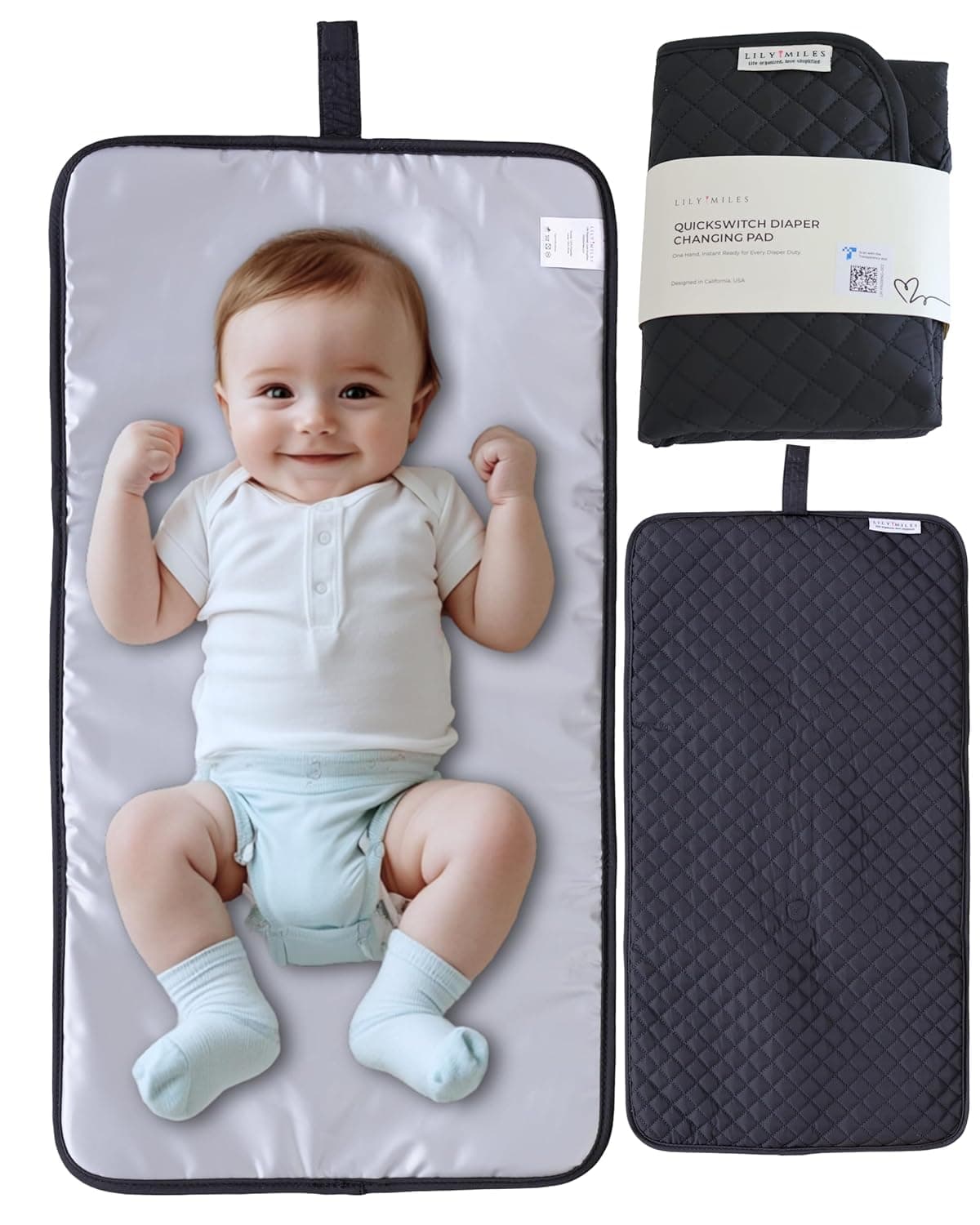 Diaper Changing Pad Portable with Magnetic Latches Baby Diaper Changing Mat Travel Pad for Diaper Bag Baby Essentials Wipeable Waterproof Mat Black Twill Regular