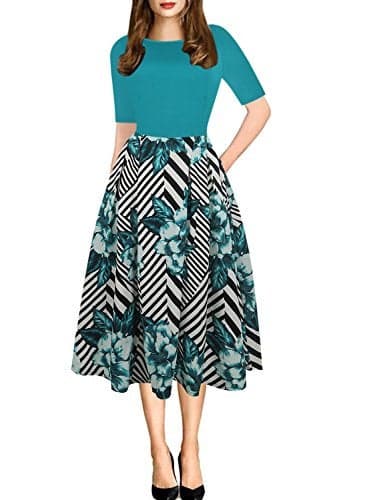 oxiuly Women's Vintage Patchwork Pockets Puffy Swing Casual Party Dress OX165 (Green, m)