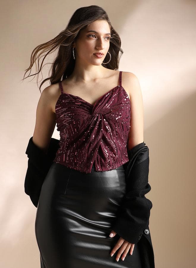 Women Maroon Sweetheart Neck Strappy Crop Top