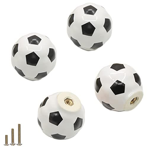 ESreake Heavy Ceramic Soccer knobs Football Knobs, 4 Packs Ball Sports Party Theme Children and Baby Home Decor Drawer Knobs Pulls Handles for Dresser Cupboard Wardrobe Cabinet Kitchen (4, Soccer-w)