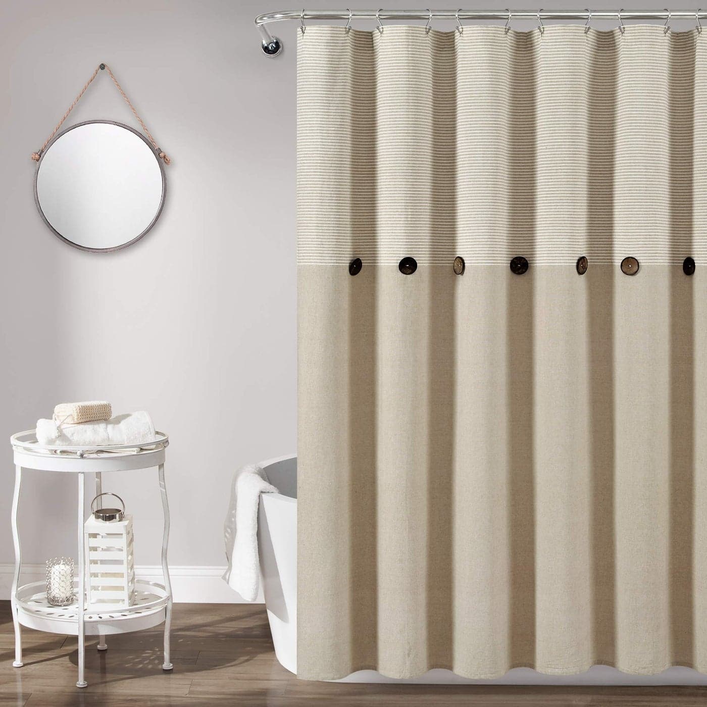 Lush Decor Beige Linen Woven Cotton Shower Curtain Farmhouse Button Stripe Yarn Dyed 72 x 72