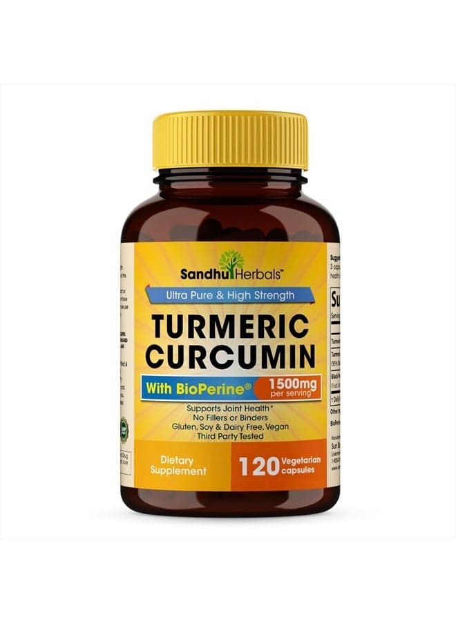 Sandhu Herbals Organic Turmeric Curcumin 120 Capsules with Bioperine Black Pepper Extract Supplement | 1500mg with 95% Curcuminoids | Immune Support