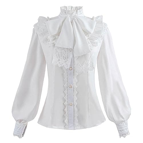 Nuoqi Women Lolita Lace Stand-Up Collar White Lotus Ruffle Shirt Retro Victorian Blouse GC238A-M