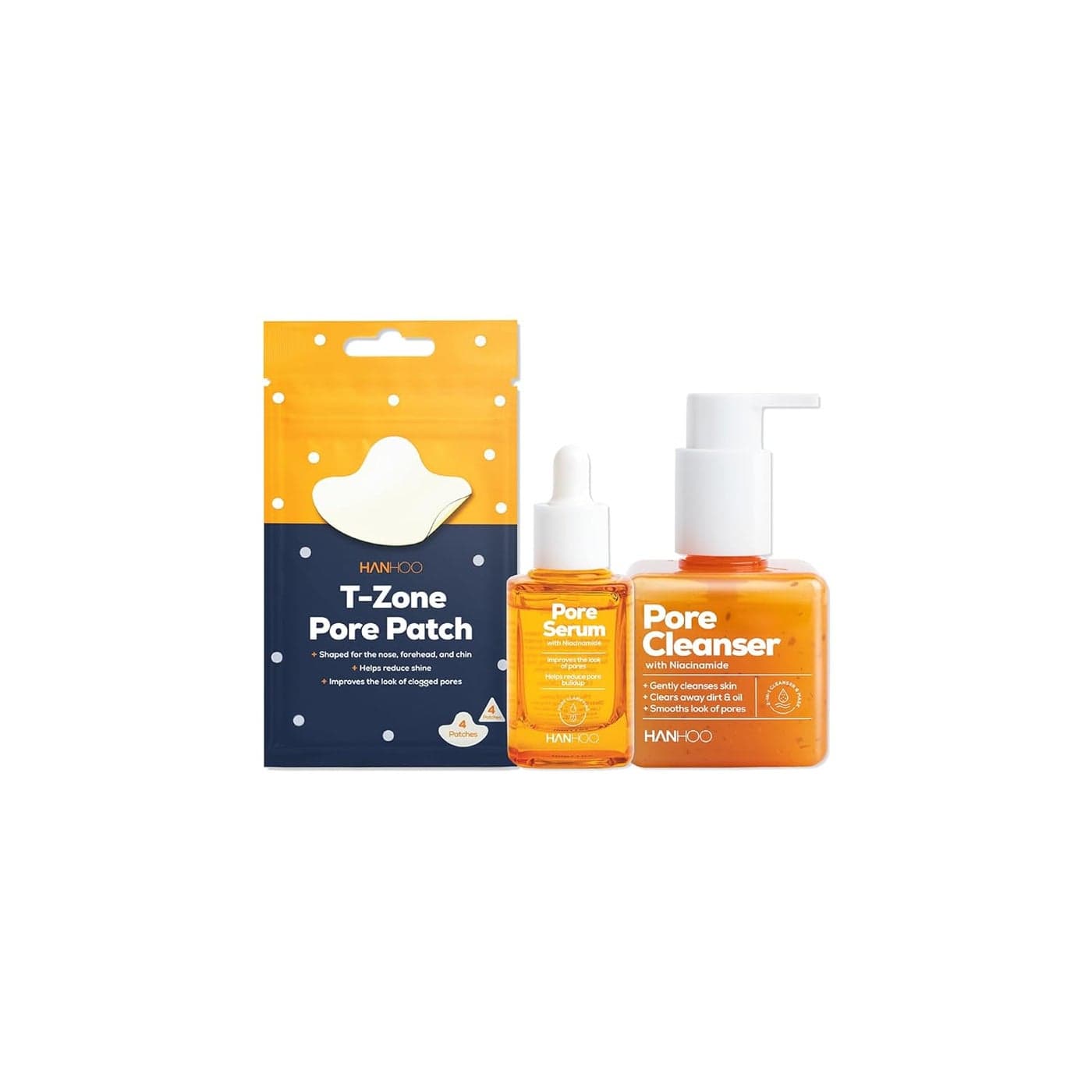 Hanhoo Pore Collection Pore Cleanser 676 Fl Oz Pore Serum 1 Fl Oz TZone Pore Patch 8 Ct with Niacinamide and Salicylic Acid Pore Patches Clarifies Clogged Pores Korean Skincare