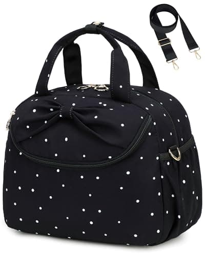 Bluboon Lunch Box for Women Large Insulated Lunch Bag with Shoulder Strap Adult Lunch Tote Teacher Nurse Bow Lunch Cooler Gifts for Work Picnic Travel Black Black White Dots