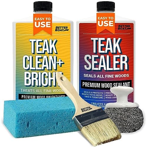 Teak Cleaner and Sealer Kit, Includes Brightener, for Wood Restoration, Outdoor Furniture, Boats, Indoor Furniture, Shower Stools, Cleans, Restores, Seals Stains