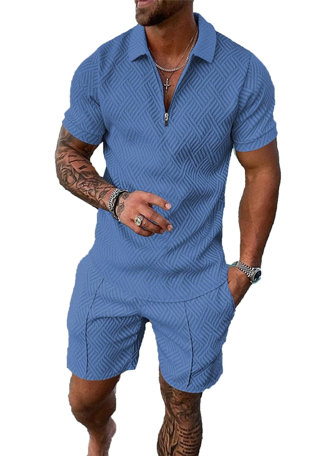 XL Light Blue Mens Short Sets 2 Piece Outfits Fashion Summer Tracksuits Casual Set Polo Shirt Short Sleeve and Shorts Set