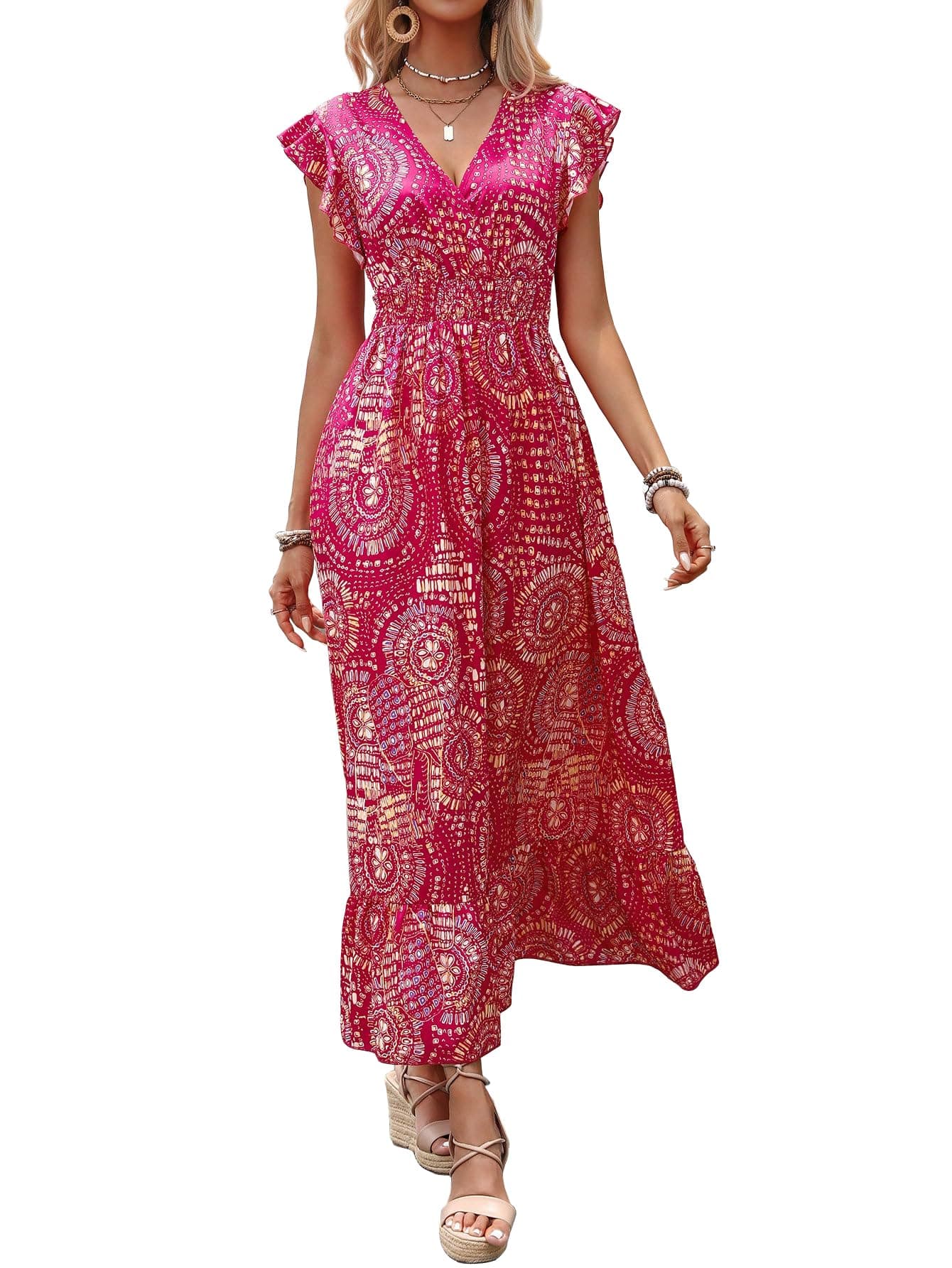 Shasmi Women's & Girl's Boho Hot Pink V-Neck Printed Dress with Ruffled Hem and Belted Waist for Vacation, One Piece Maxi for Women's Casual Dresses (Dress 140 Boho Hot Pink-2XL)