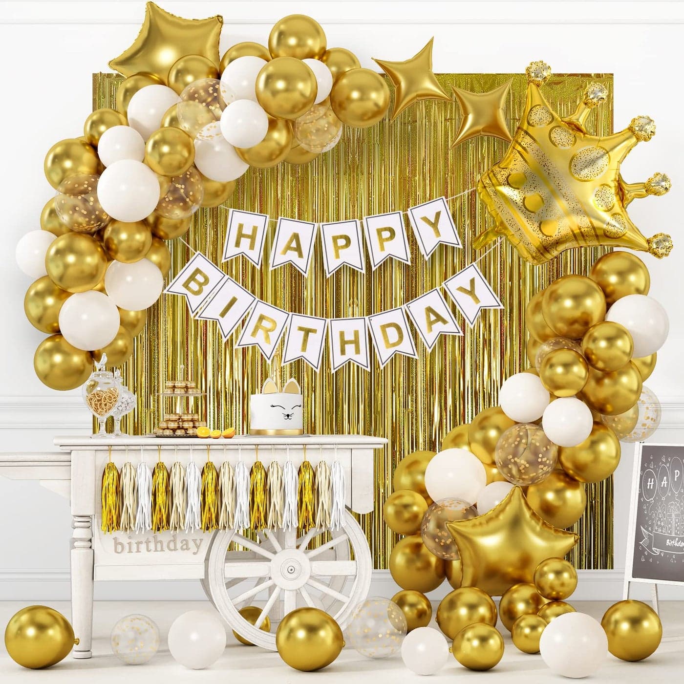 RUBFAC Gold Birthday Party Decorations Set Gold Birthday Banner Background Confetti Balloons and Tricolor Tassel Garland for Boys Girls Men Women Party