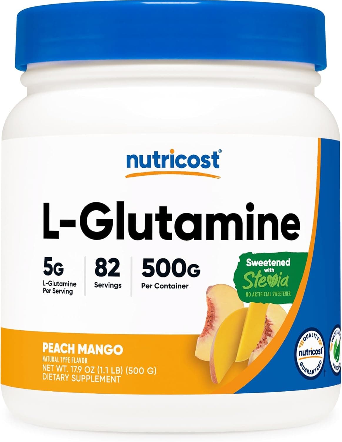 Nutricost LGlutamine Powder Sweetened with Stevia 500 Grams Peach Mango Supplement for Gut Support 5 Grams of LGlutamine Per Serving Gluten Free NonGMO