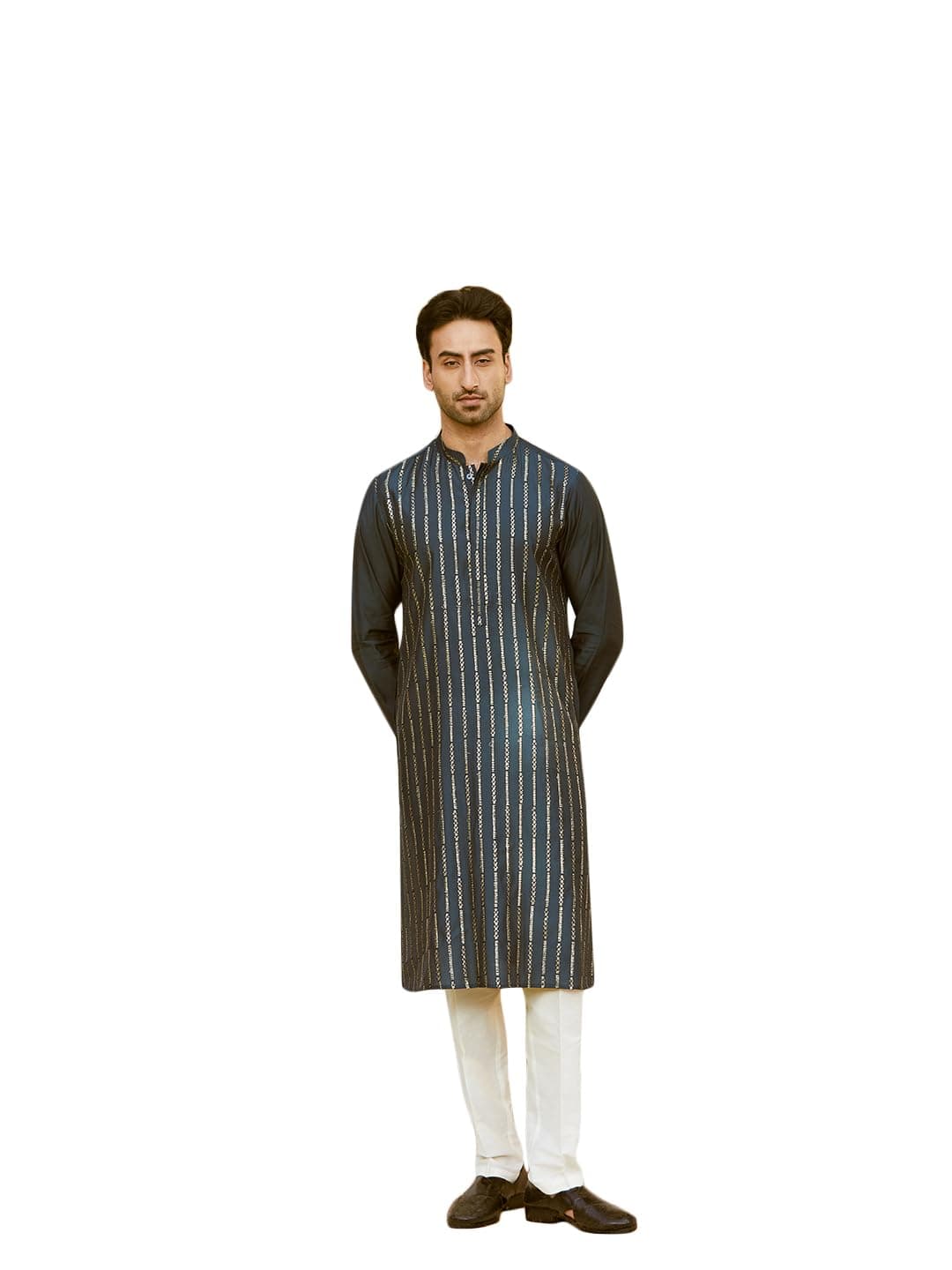 See Designs Men Full Sleeve Teal and Gold Chanderi Silk Sequins Mandarin Collar Side Slit Kurta - SD2KT_2424XS