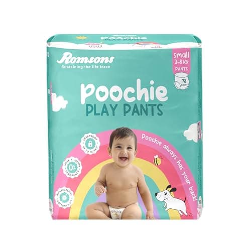 Romsons Poochie Play Pants Baby Diapers - S (78 Pieces) | Suitable for 3-8 KG | 360° Comfort Fit and Leakproof Upto 10 Hrs.