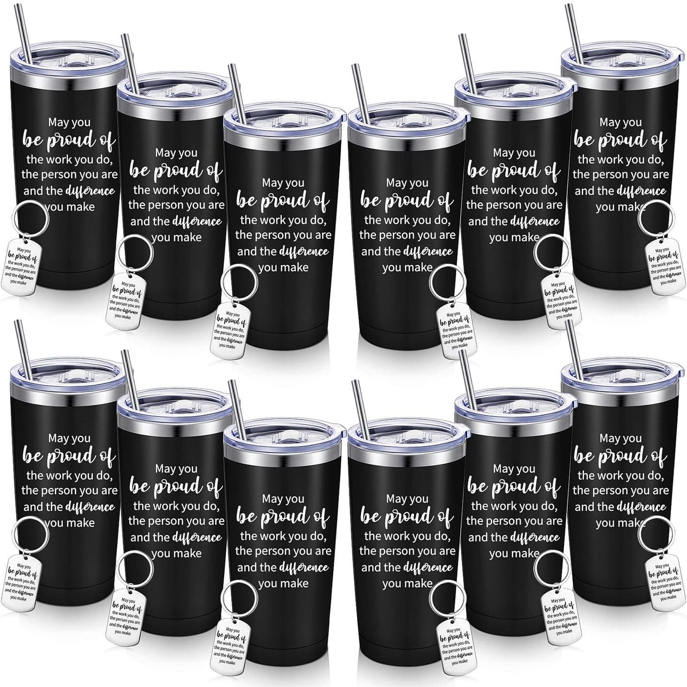 12 Sets Thank You Gifts May You Be Proud Tumbler Cup with Keychains 20 oz Stainless Steel Insulated Inspirational Coworker Mug with Lids for Women Employee Teacher Nurse Volunteer Black