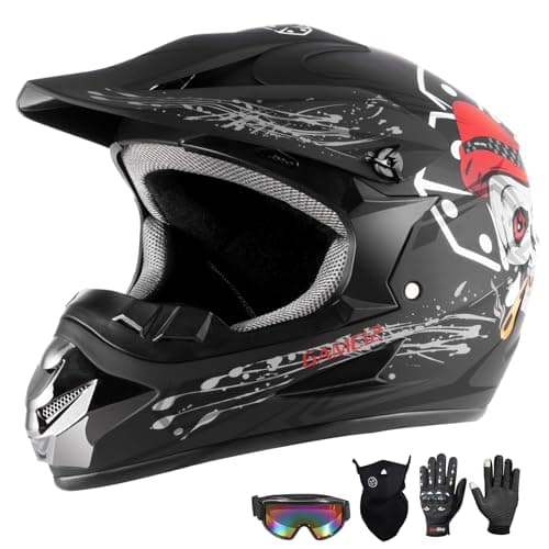 Youth Kids Dirt Bike Motocross Helmet (Goggles Gloves Face Mask) 4PCS Set, DOT Approved Boys Full Face Motorcycle Helmets,ATV BMX MX Mountain Bike Off Road Kid Helmet (Black Skull, XL)