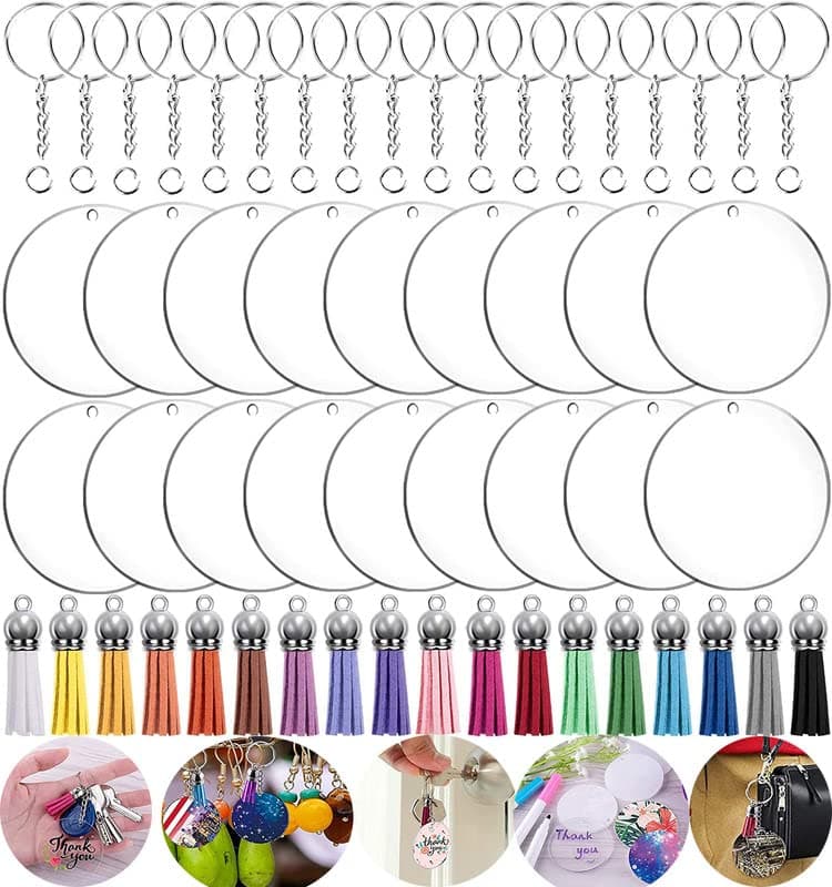 DIY Crafts 16 Pcs, Gold, Key Ring Acrylic Blanks Keychain Tassels Set Round Clear Arylic Keychain Blanks Key Rings with Chain Jump Rings and Colorful Keychain Tas(16 Pcs, Gold)